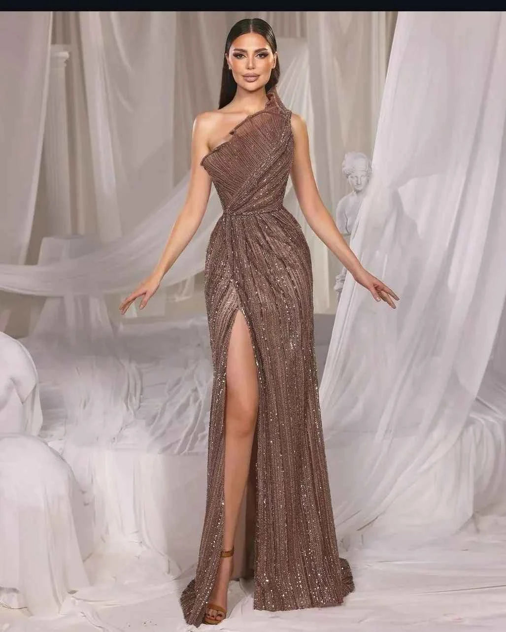 One Shoulder Sleeveless Sequins Front Split Long Prom Dress With Ruffles