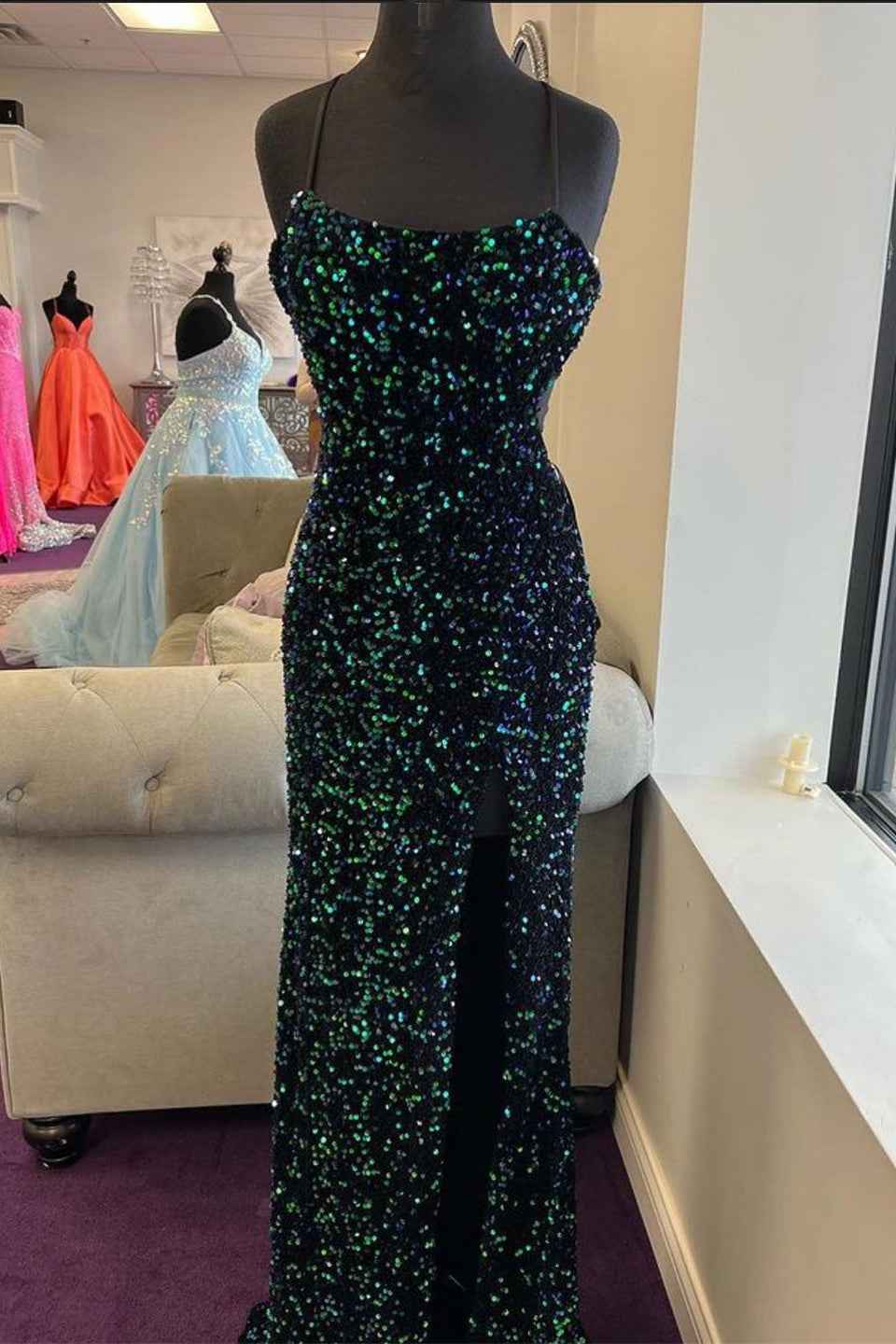 Glamorous Mermaid Spaghetti Strap Sleeveless Prom Dress Long Split With Sequins