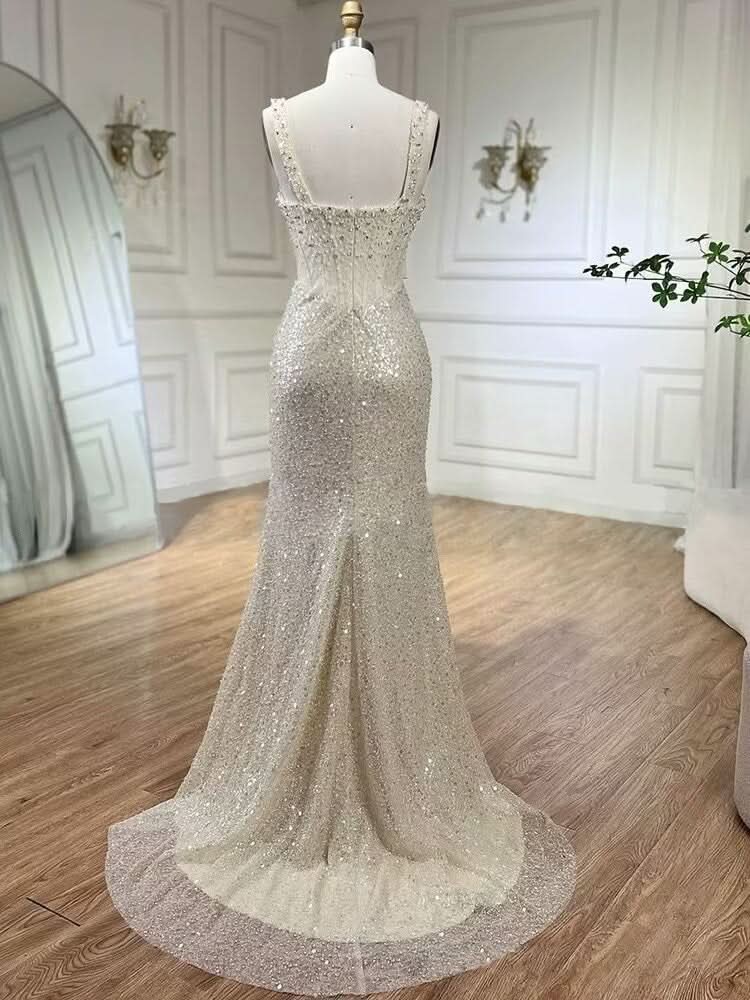 Gorgeous Beaded Sequin Mermaid Prom Dress with High Slit BM bride