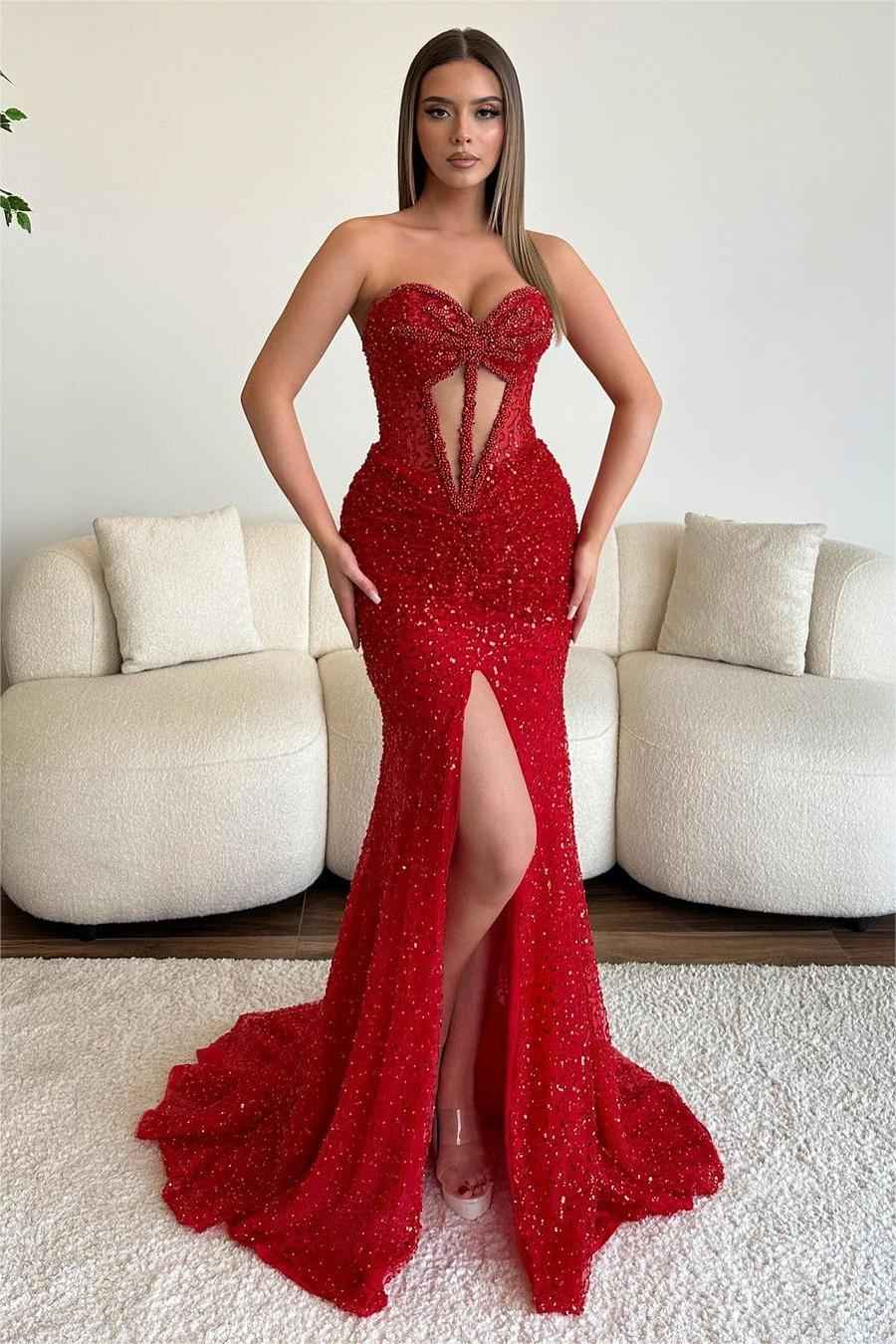 Dusty Rose Sweetheart Sleeveless Strapless Long Split Prom Dress With Beading