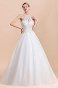 Sleeveless Wedding Dress with Halter Lace Appliques and A-line Sequins BMbride