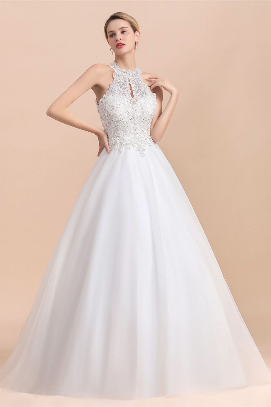 Sleeveless Wedding Dress with Halter Lace Appliques and A-line Sequins BMbride