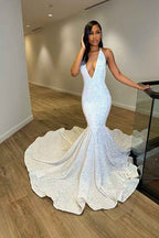 White Deep V Neck Laser Light Sleeveless Mermaid Princess Prom Dress Trumpet Open Back