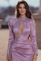 Mermaid High Neck Long Sleeves Pleated Beadings Prom Dress With High Split
