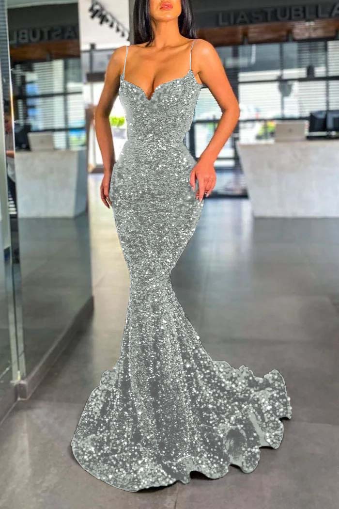 Spaghetti Strap Sleeveless Long Mermaid Prom Dress With Sequins BMBRIDE