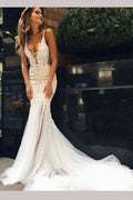 Beautiful Deep V-neck Tulle Mermaid Wedding Dress with Enchanting Details BM bride