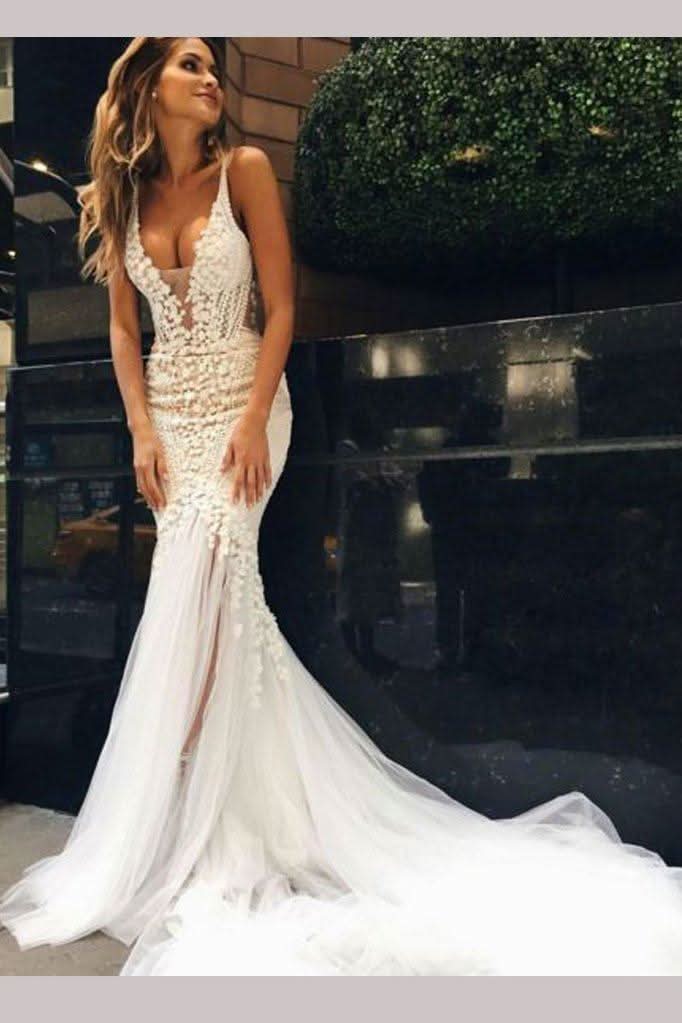 Beautiful Deep V-neck Tulle Mermaid Wedding Dress with Enchanting Details BM bride