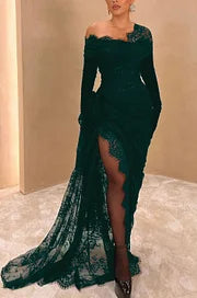 Elegant Lace Black Asymmetric With High Slit Gloves Long Prom Dress BMBRIDE