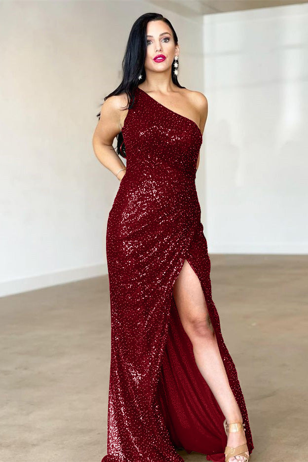 Burgundy One-Shoulder Backless Mermaid Evening Dress with Split BM bride