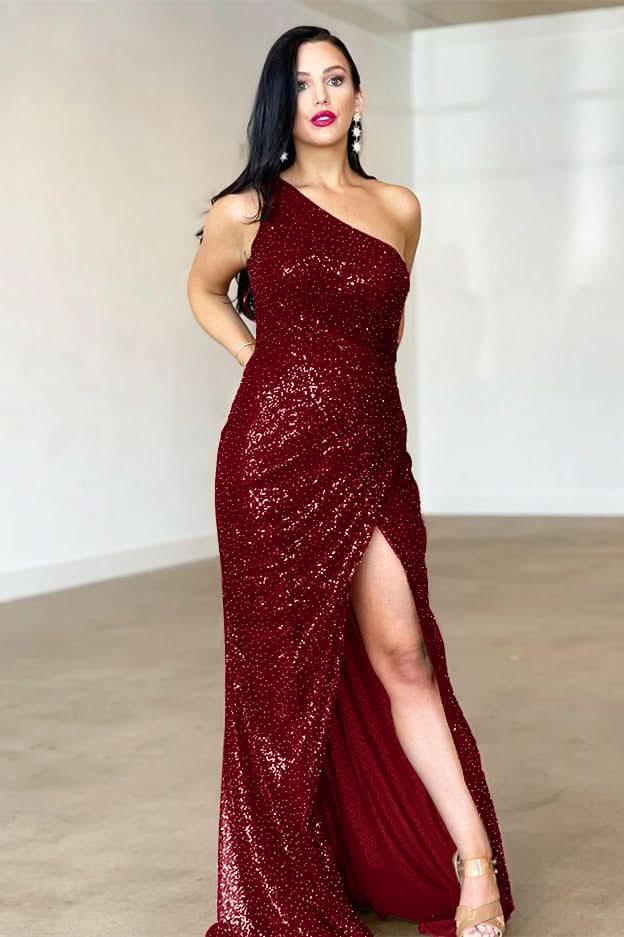 Burgundy One-Shoulder Backless Mermaid Evening Dress with Split BM bride
