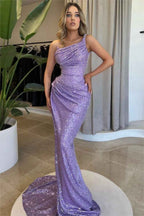 Glamorous Purlpe Sequins One Shoulder Sleeveless  Long Mermaid Prom Dress