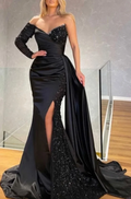 Long Sleeve Strapless Long Split Prom Dress With Pleated Sequins BMBRIDE
