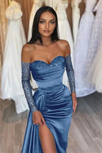 Black Prom Dress Sweetheart Short Sleeves with Pleated Slit BM bride
