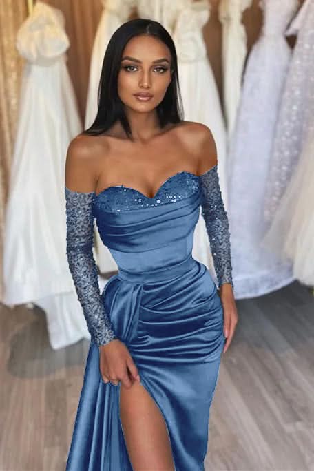 Black Prom Dress Sweetheart Short Sleeves with Pleated Slit BM bride