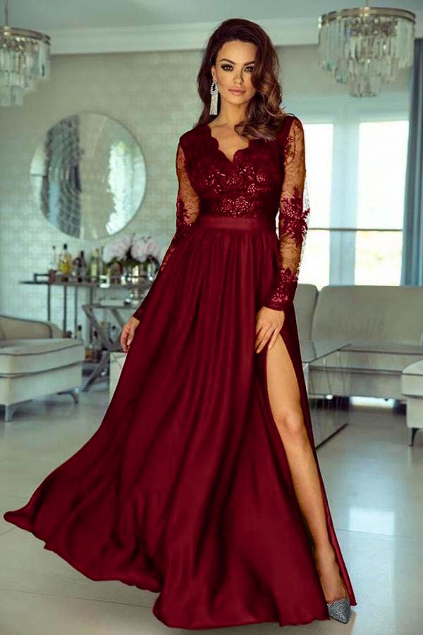 Charming V Neck Long Sleeves Lace A Line Long Prom Dress With Side Split BMBRIDE