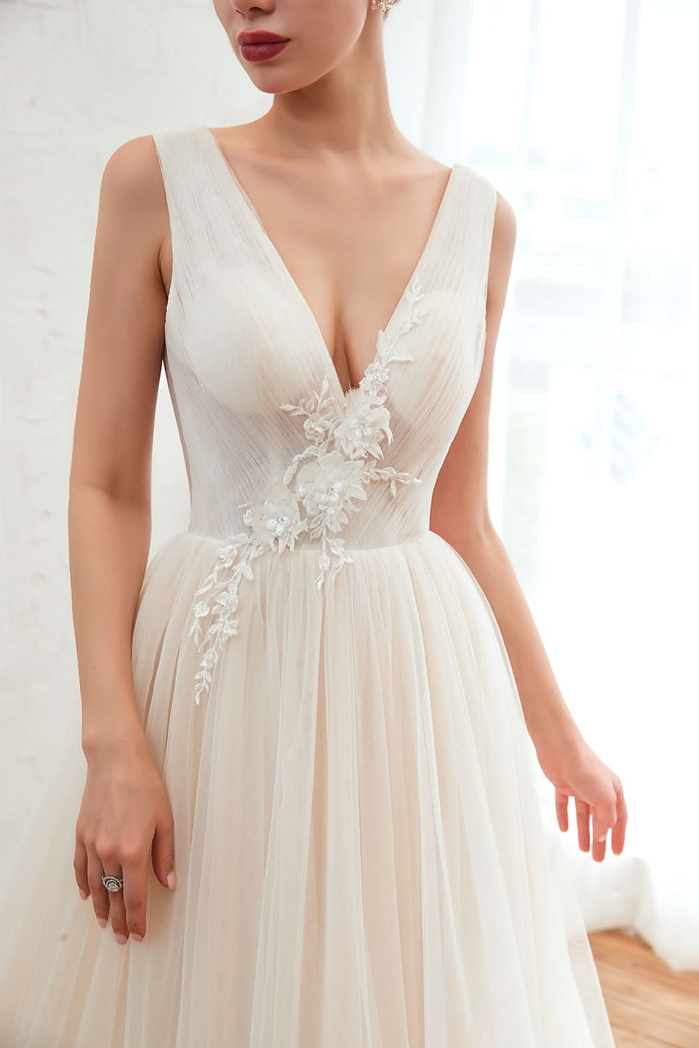 Romantic Wide Strap Deep V-Neck Floor-Length A-Line Wedding Dress with Tulle BM bride