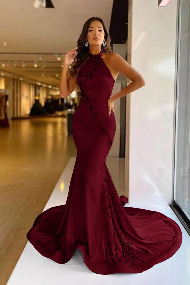 Elegant High Neck Pink Mermaid Prom Dress with Appliqued BM bride