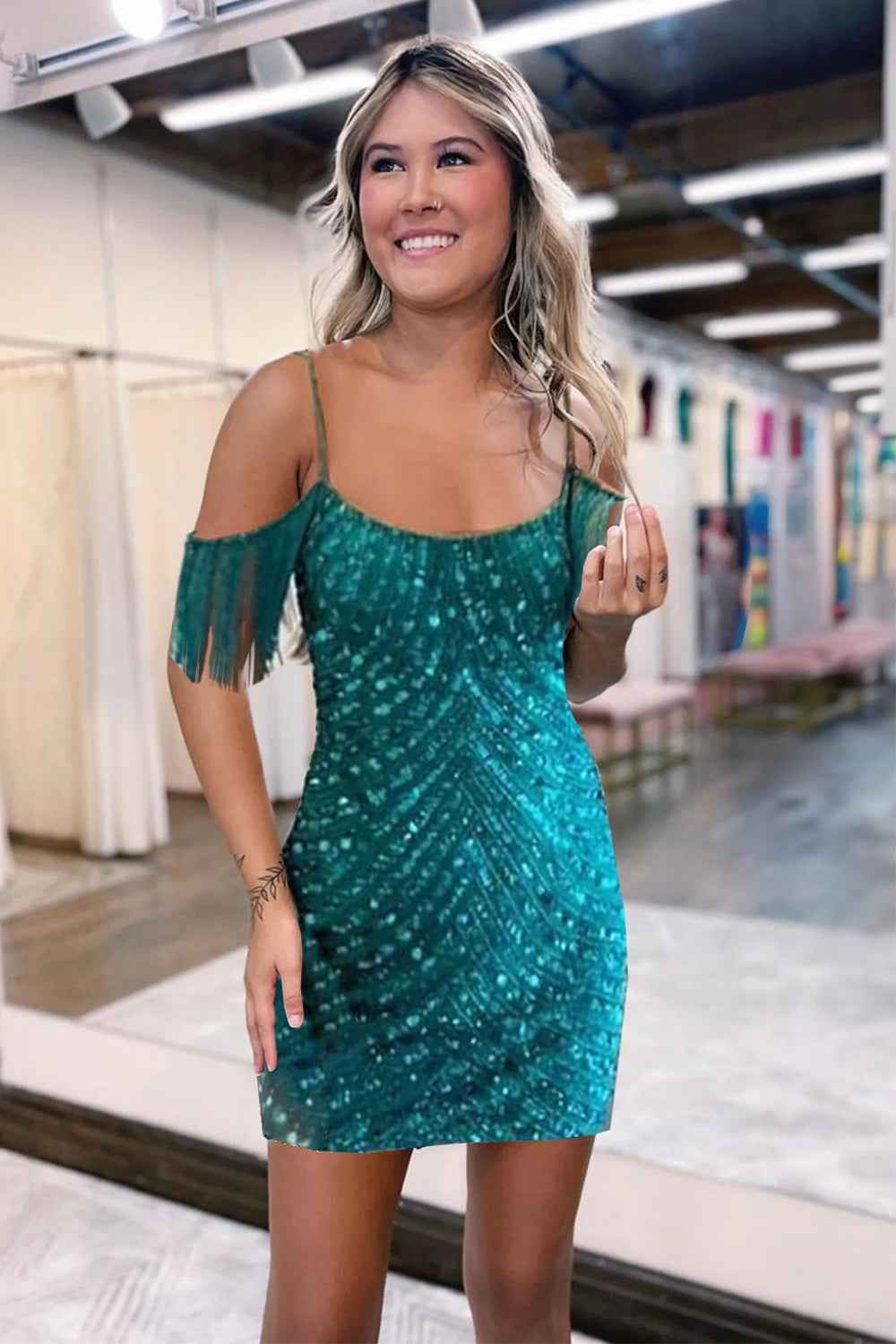 Sparkly Turquoise Tight Sequins Short Homecoming Dress with Fringes Bmbride