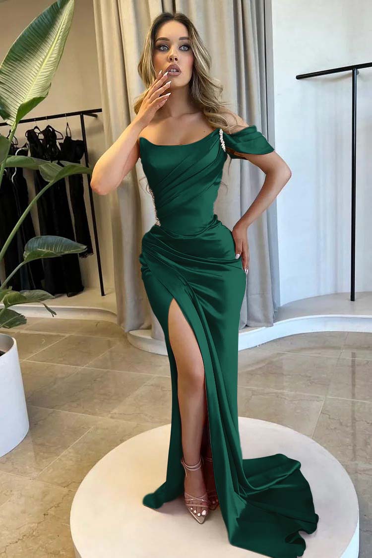 Strapless One Shoulder Long Mermaid Prom Dress With Split Beading BMBRIDE