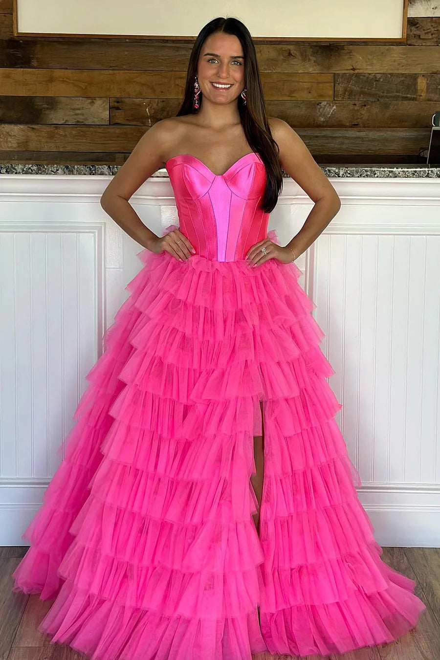 Enchanting A-Line Sweetheart Tiered Tulle Prom Dress with Slit BM bride