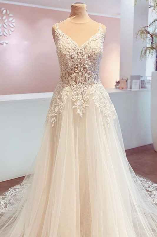 Spaghetti Strap Backless A-Line Wedding Dress with Train and Lace Appliques BM bride