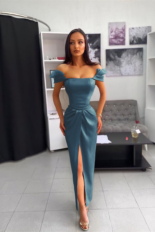 Off the Shoulder Split Ankle Long Prom Dress With Chic Wrinkle BMBRIDE