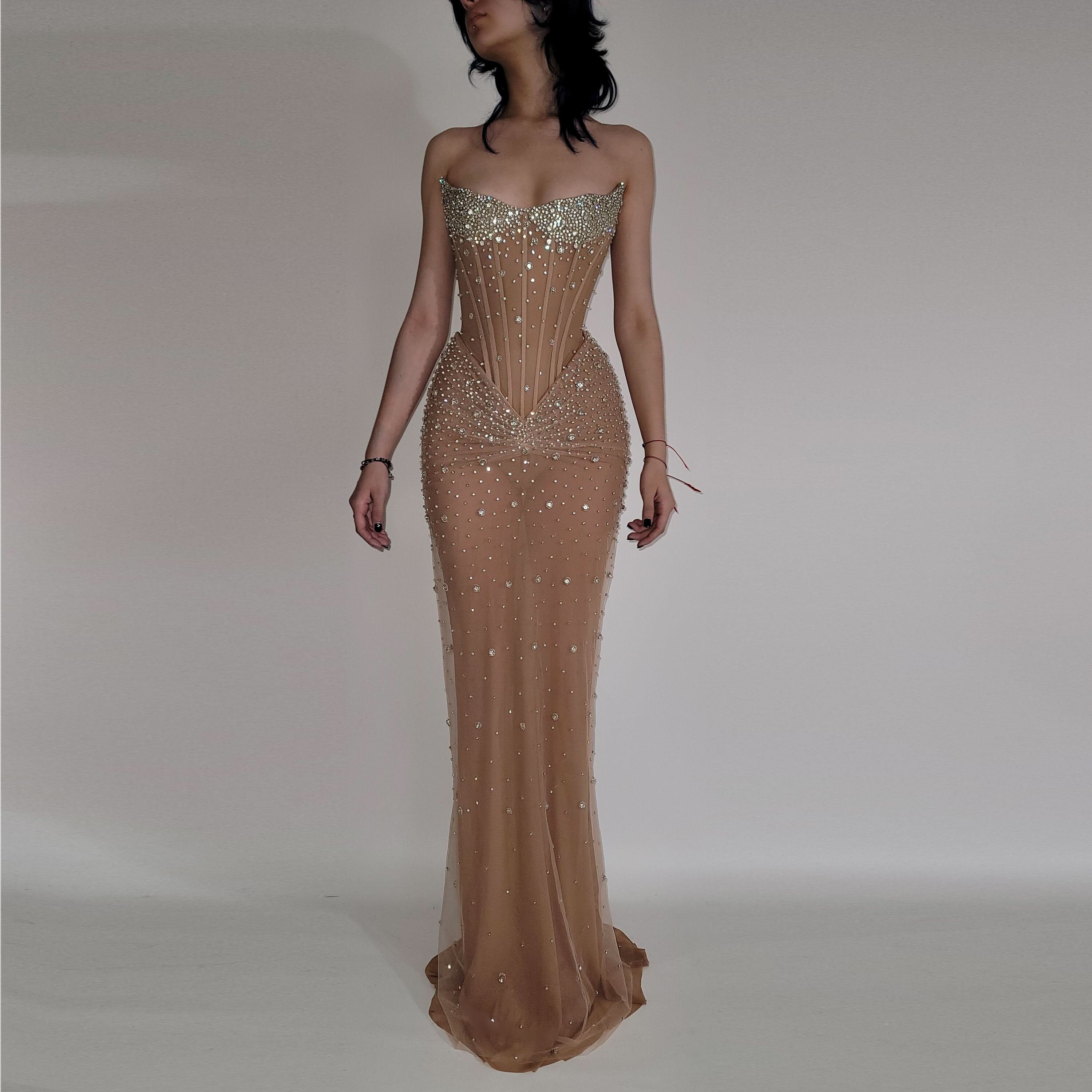 Luxurious Mermaid Crystal Beaded Hand-Embroidered Corset Prom Dress BM bride