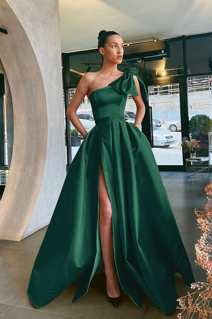 Yellow One-Shoulder Prom Dress Split with Pockets BM bride