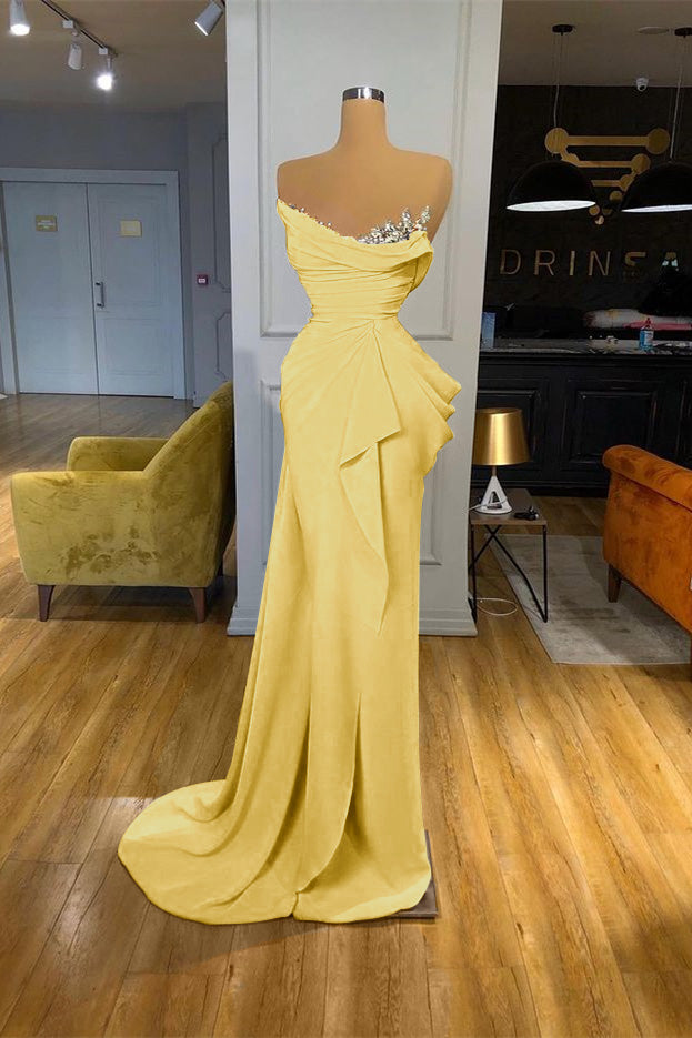 Orange Sequins Mermaid Online Strapless Pleated Prom Dress With Sleeveless