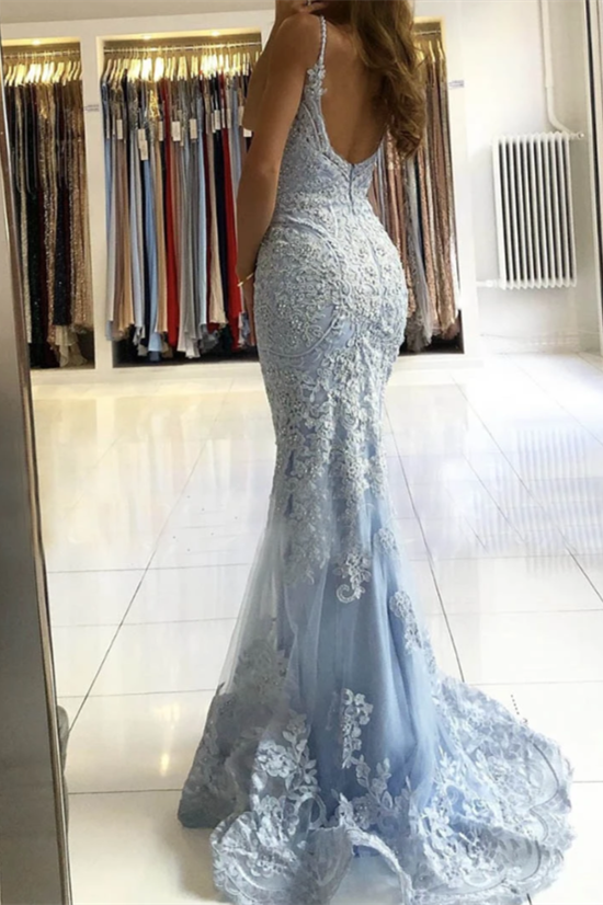 Sky Blue Spaghetti-Straps Mermaid Evening Dress BM bride