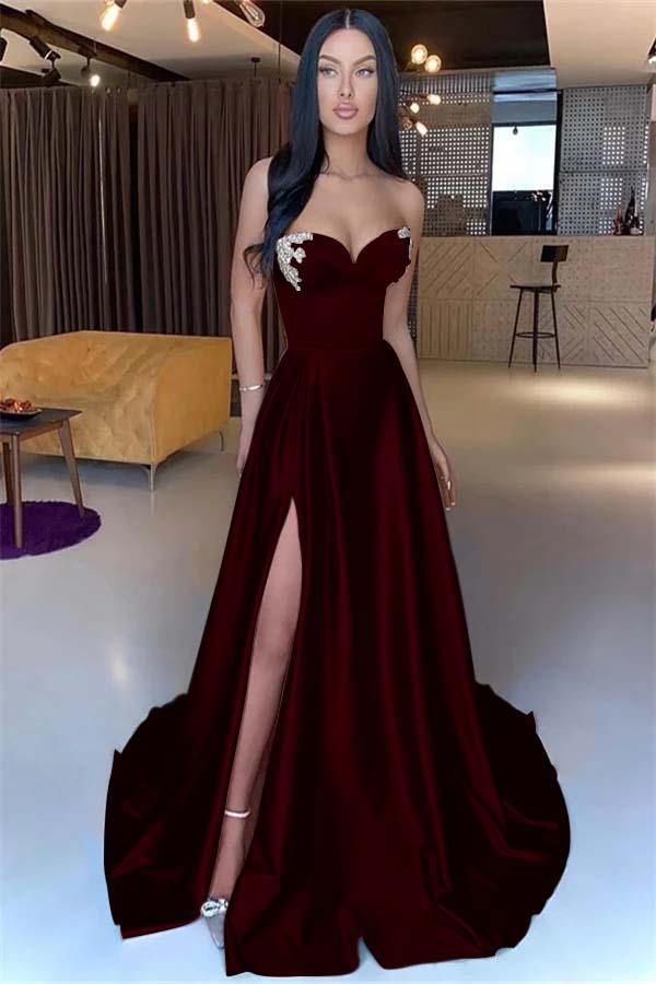 Sweetheart Yellow Strapless Mermaid Beadings Long Prom Dress With Split BMBRIDE