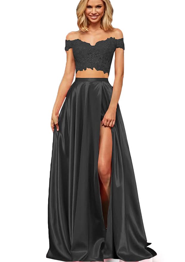 Off-the-Shoulder Two Pieces Prom Dress with Appliques and Slit BM bride