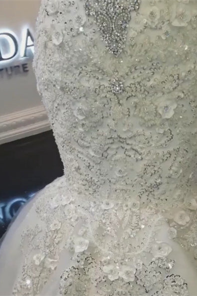 High Collar Off-the-Shoulder Beaded Mermaid Wedding Dress with Lace Appliques BM bride