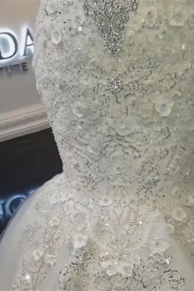 High Collar Off-the-Shoulder Beaded Mermaid Wedding Dress with Lace Appliques BM bride