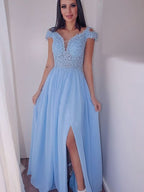 Sky Blue Cap Sleeve Long Prom Dress with Slit BM bride