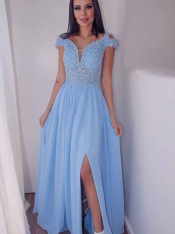 Chic Cap Sleeves Classy Sky Blue Appliques Long Prom Dress With Front Split