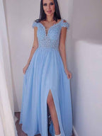 Chic Cap Sleeves Classy Sky Blue Appliques Long Prom Dress With Front Split