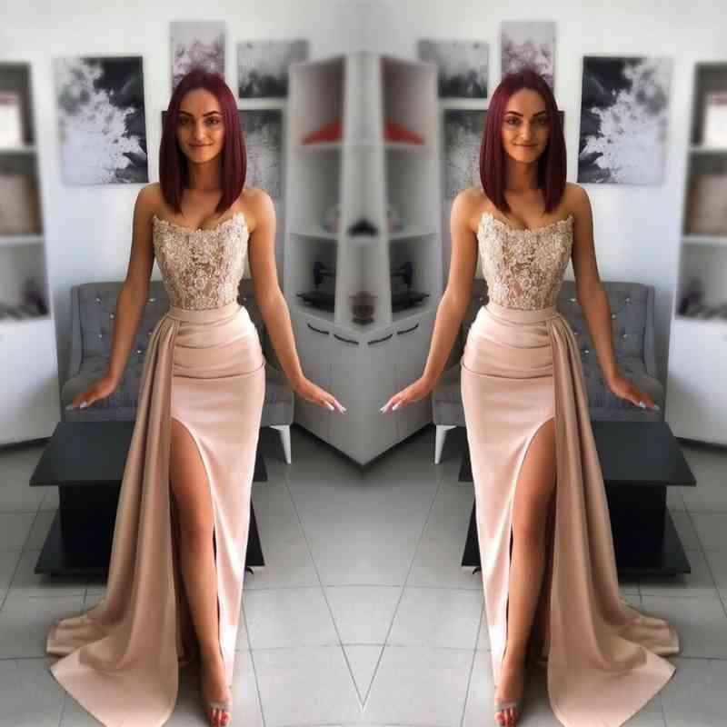Chic Pink Evening Dress Prom Dress with Applique Belt and Slit BM bride