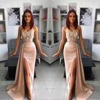 Chic Pink Evening Dress Prom Dress with Applique Belt and Slit BM bride