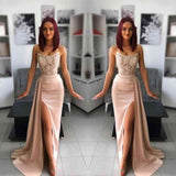 Chic Pink Evening Dress Prom Dress with Applique Belt and Slit BM bride