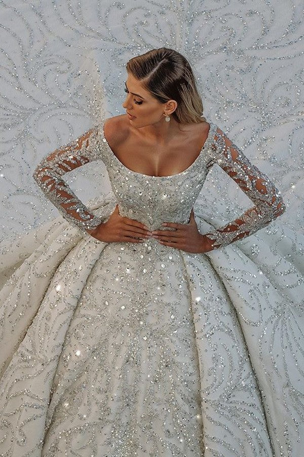 Long Ball Gown Satin Off-the-Shoulder Backless Wedding Dress with Crystal and Sequins BM bride
