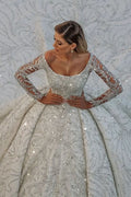 Long Ball Gown Satin Off-the-Shoulder Backless Wedding Dress with Crystal and Sequins BM bride