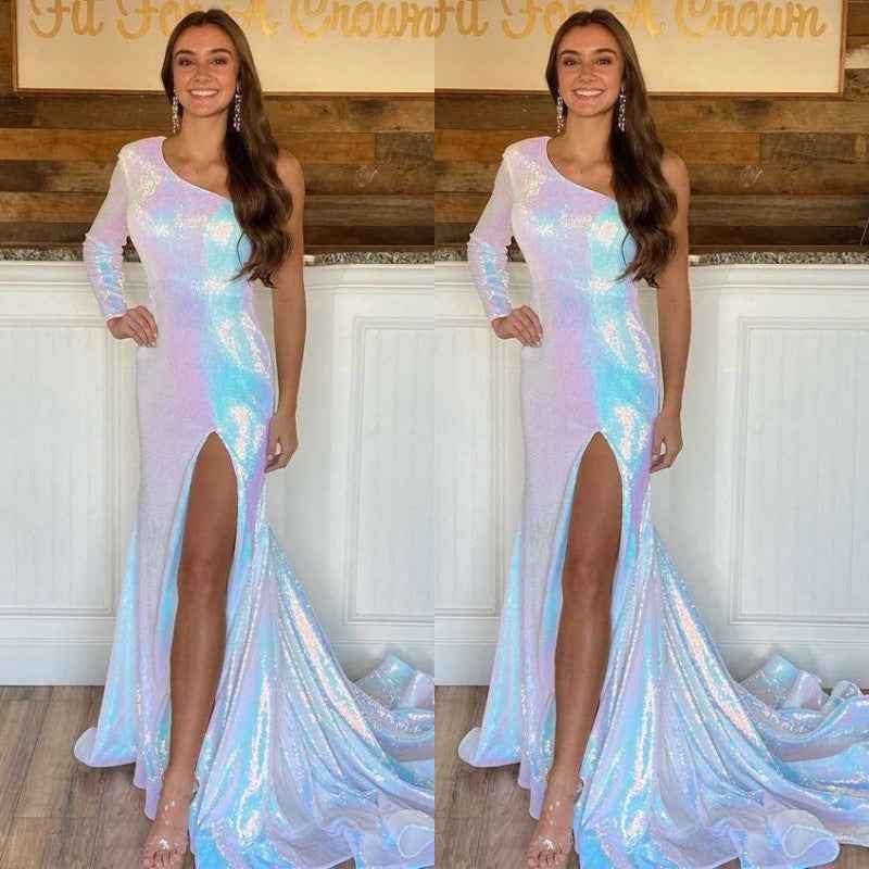 Elegant White Long Sleeve Mermaid Long Prom Dress One Shoulder With Split
