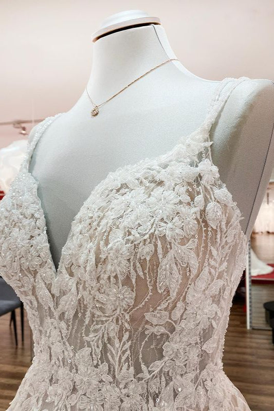 Long A-line V-neck Backless Wedding Dress With Ruffles BM bride