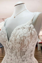 Long A-line V-neck Backless Wedding Dress With Ruffles BM bride