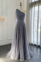 Stunning Gray One Shoulder A Line Prom Dress Appliques With Beading