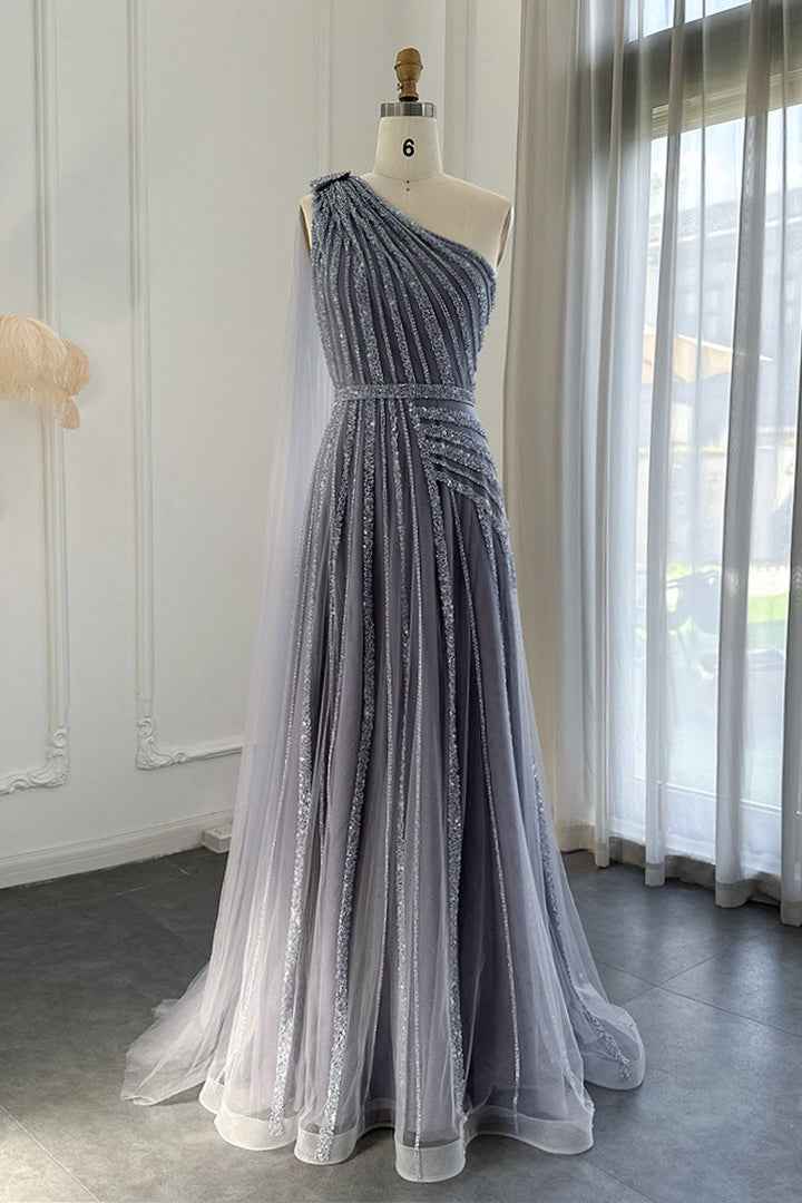 Stunning Gray One Shoulder A Line Prom Dress Appliques With Beading
