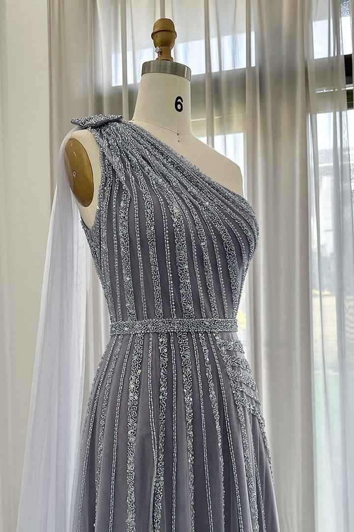 Stunning Gray One Shoulder A Line Prom Dress Appliques With Beading