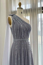 Stunning Gray One Shoulder A Line Prom Dress Appliques With Beading