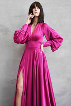 Stunning Long Sleeves Deep V Neck A Line Long Prom Dress With Front Split